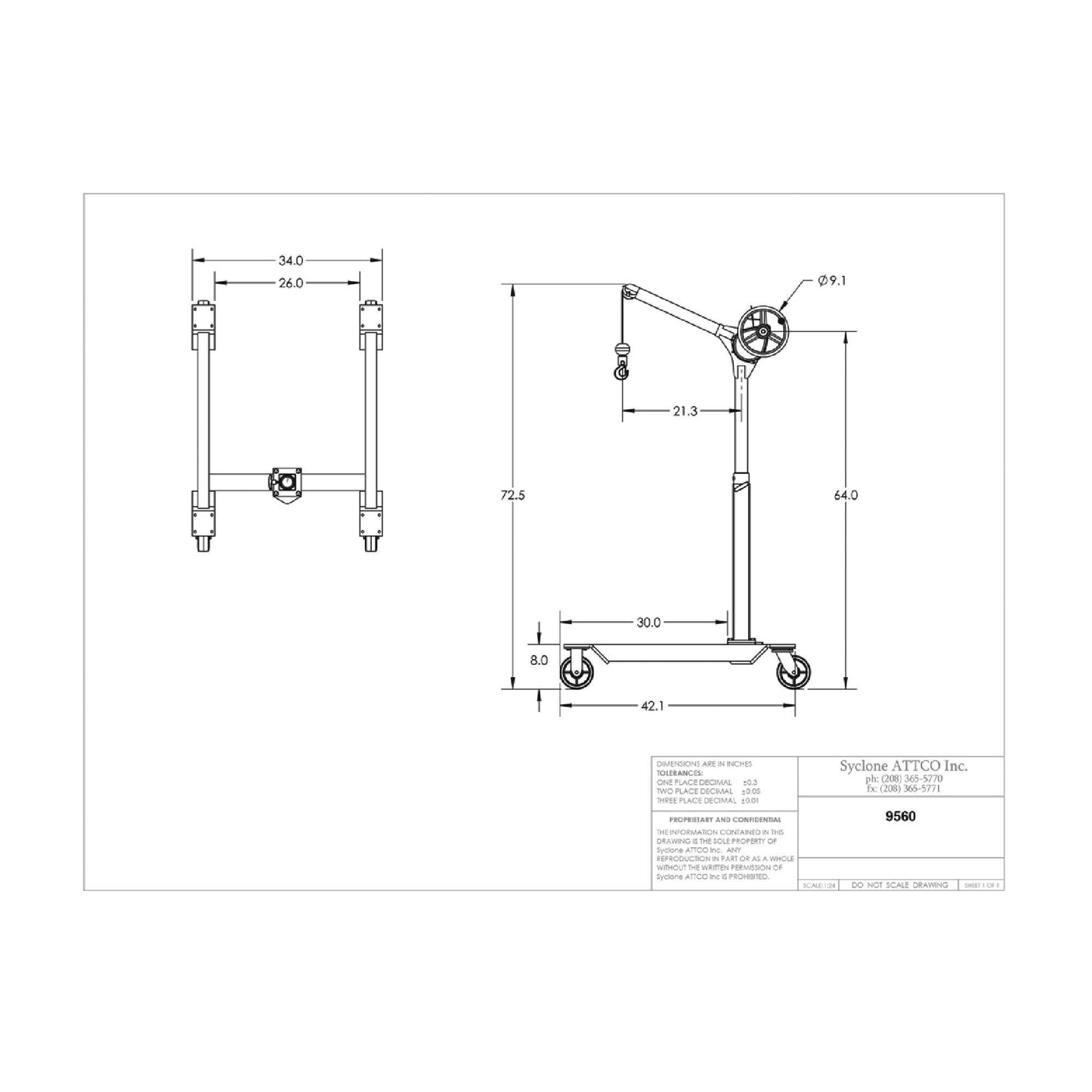 Sky Hook 9560 1/4 Ton Load Capacity, 100" Maximum Lift Distance, 1.5" Per Handwheel Revolution Lift Speed Hoist