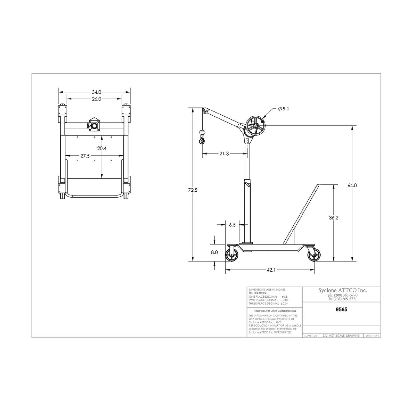 Sky Hook 9565 1/4 Ton Load Capacity, 100" Maximum Lift Distance, 1.5" Per Handwheel Revolution Lift Speed Hoist