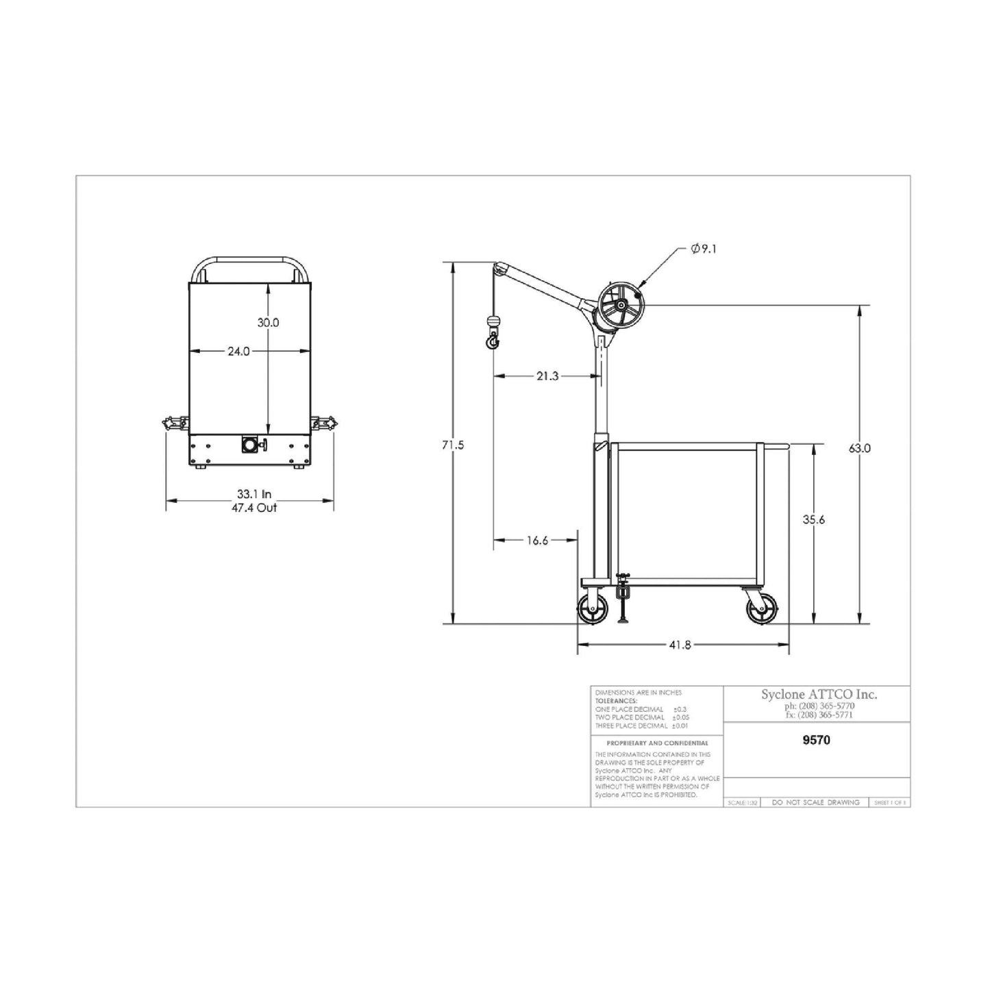 Sky Hook 9570 1/4 Ton Load Capacity, 100" Maximum Lift Distance, 1.5" Per Handwheel Revolution Lift Speed Hoist