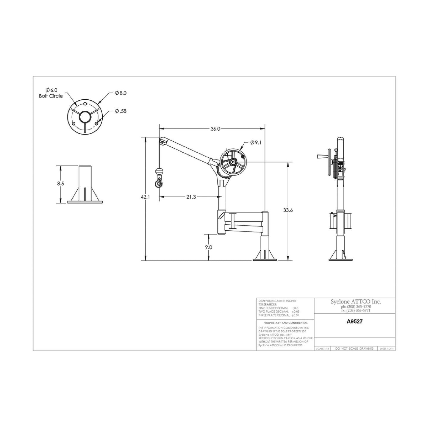 Sky Hook A9527 1/4 Ton Load Capacity, 100" Maximum Lift Distance, 1.5" Per Handwheel Revolution Lift Speed Hoist