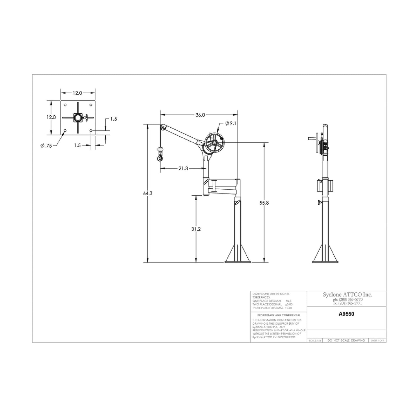 Sky Hook A9550 1/4 Ton Load Capacity, 100" Maximum Lift Distance, 1.5" Per Handwheel Revolution Lift Speed Hoist