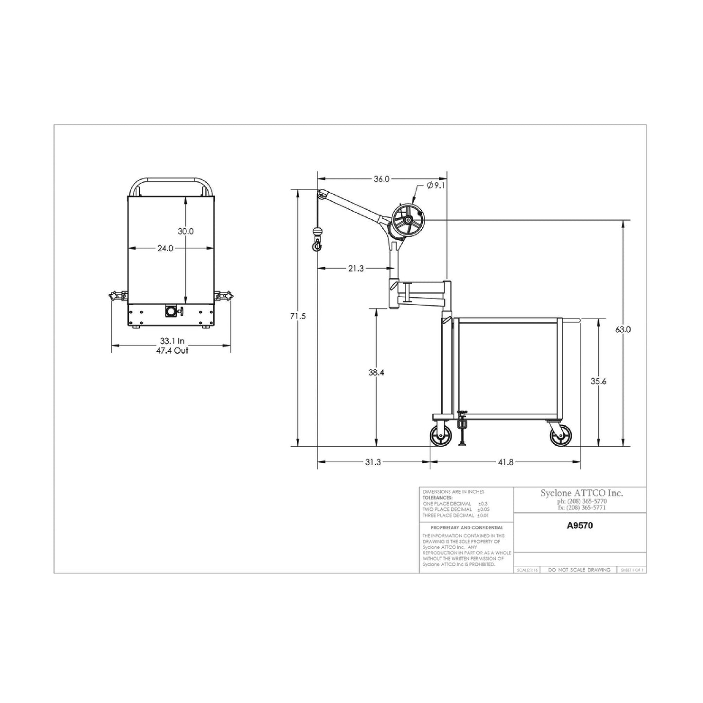 Sky Hook A9570 1/8 Ton Load Capacity, 100" Maximum Lift Distance, 1.5" Per Handwheel Revolution Lift Speed Hoist