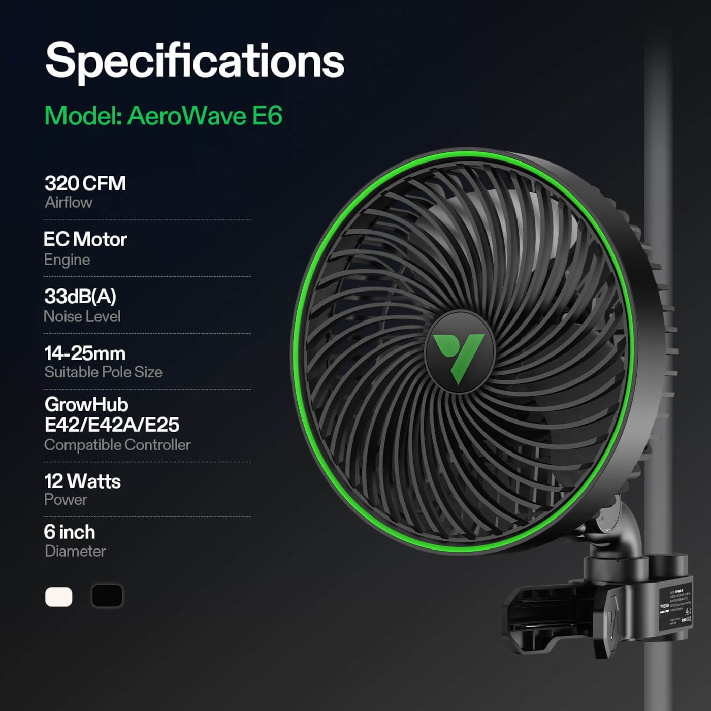 Vivosun 2-Pack AeroWave E6 Gen2, Grow Tent Clip Fan 6”, EC Motor, Smart Control, Powerful Oscillating Fan, Black