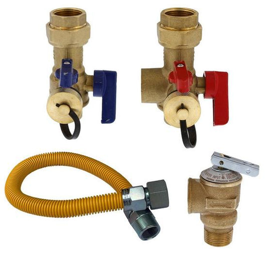 Jones Stephens D05111 3/4” SWT Tankless Water Heater Valve Service Kit with Pressure Relief Valve and Gas Connector