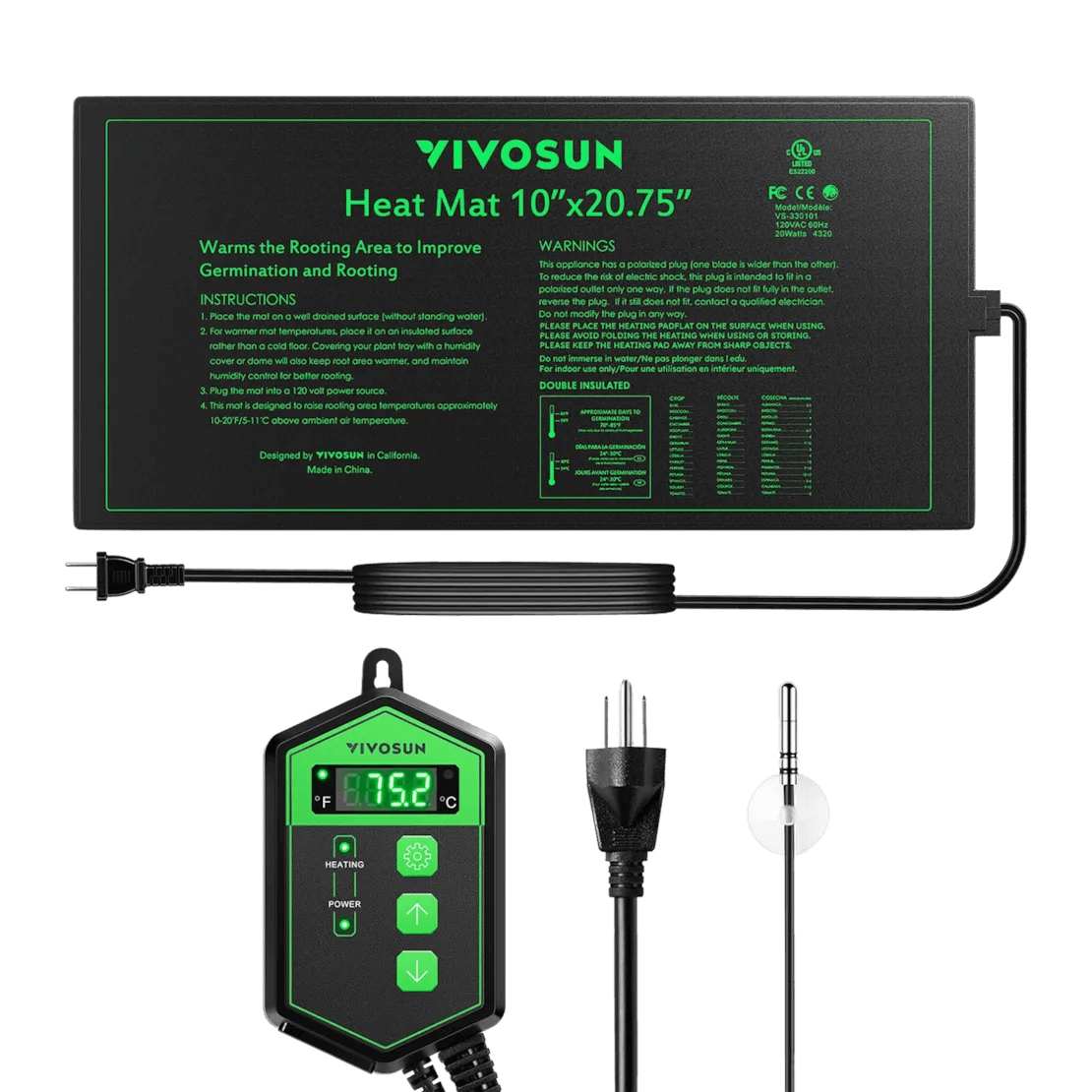 Vivosun 10'x20.75' Seedling Heat Mat and Digital Thermostat Combo Set MET Standard