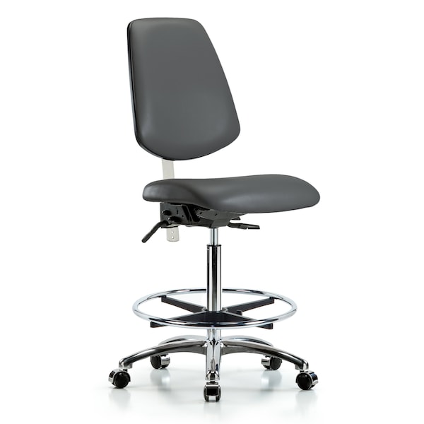 Blue Ridge Ergonomics NCR-VHBCH-MB-CR-T0-A0-CF-CC-8823 Class 100 Vinyl Clean Room Chair - High Bench Height with Medium Back, Chrome Foot Ring, & Casters in Carbon Supernova™ Vinyl