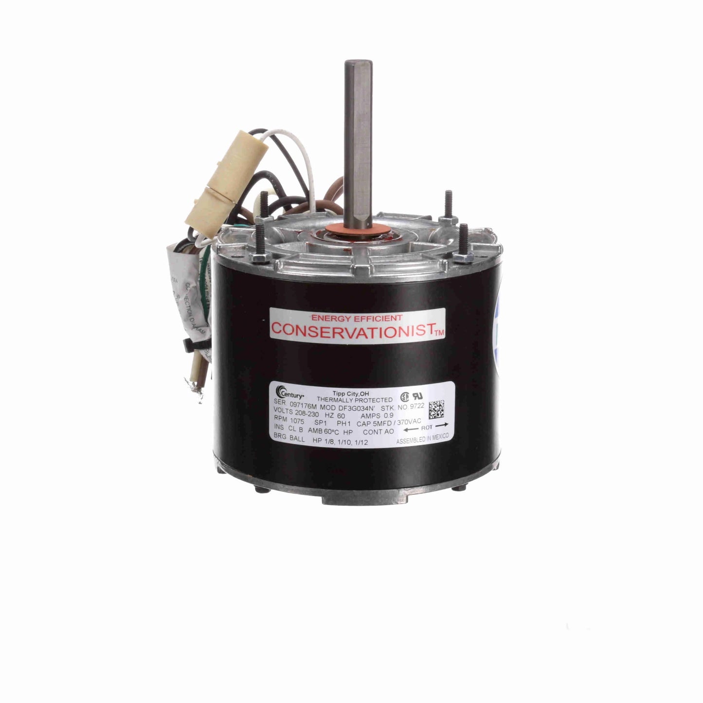 Century MULTIFIT® Condenser Fan Motor, 1/8, 1/10, 1/12 HP, 1 Ph, 60 Hz, 208-230 V, 1075 RPM, 1 Speed, 42 Frame, TEAO - 9722