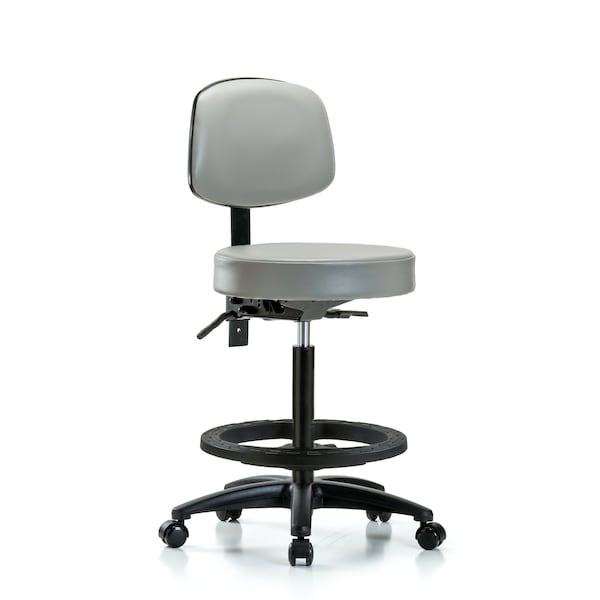 Blue Ridge Ergonomics VHBST-RG-T1-BF-RC-8567 Rutledge Vinyl Stool with Back - High Bench Height with Seat Tilt, Black Foot Ring, & Casters in Dove Trailblazer™ Vinyl