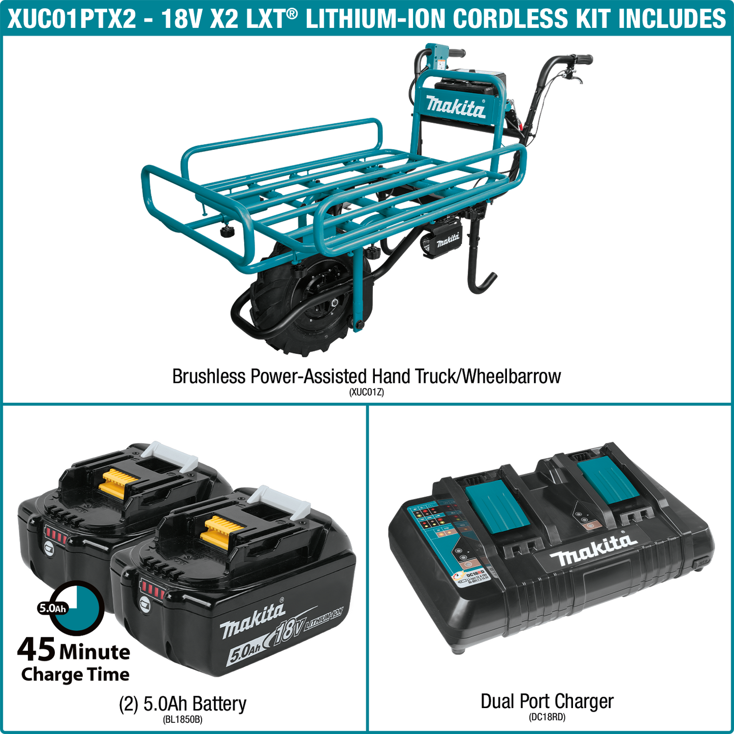 Makita XUC01PTX2 18V X2 LXT® Brushless Cordless Power‘Assisted Flat Dolly Kit (5.0Ah)