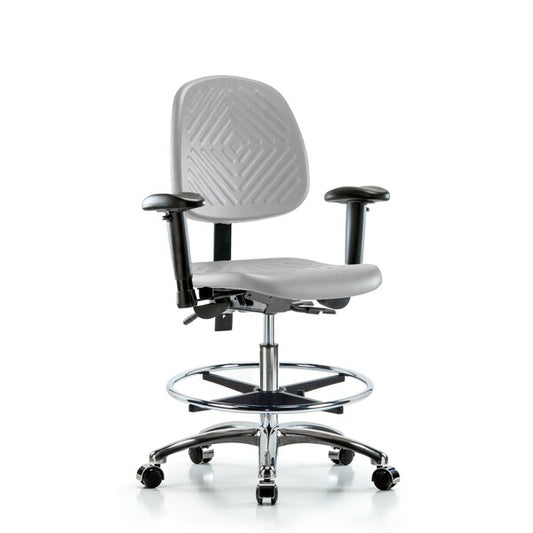 Blue Ridge Ergonomics VDHST-RG-T0-RC-8540 Rutledge Vinyl Stool with Back - Desk Height with Casters in Black Trailblazer™ Vinyl