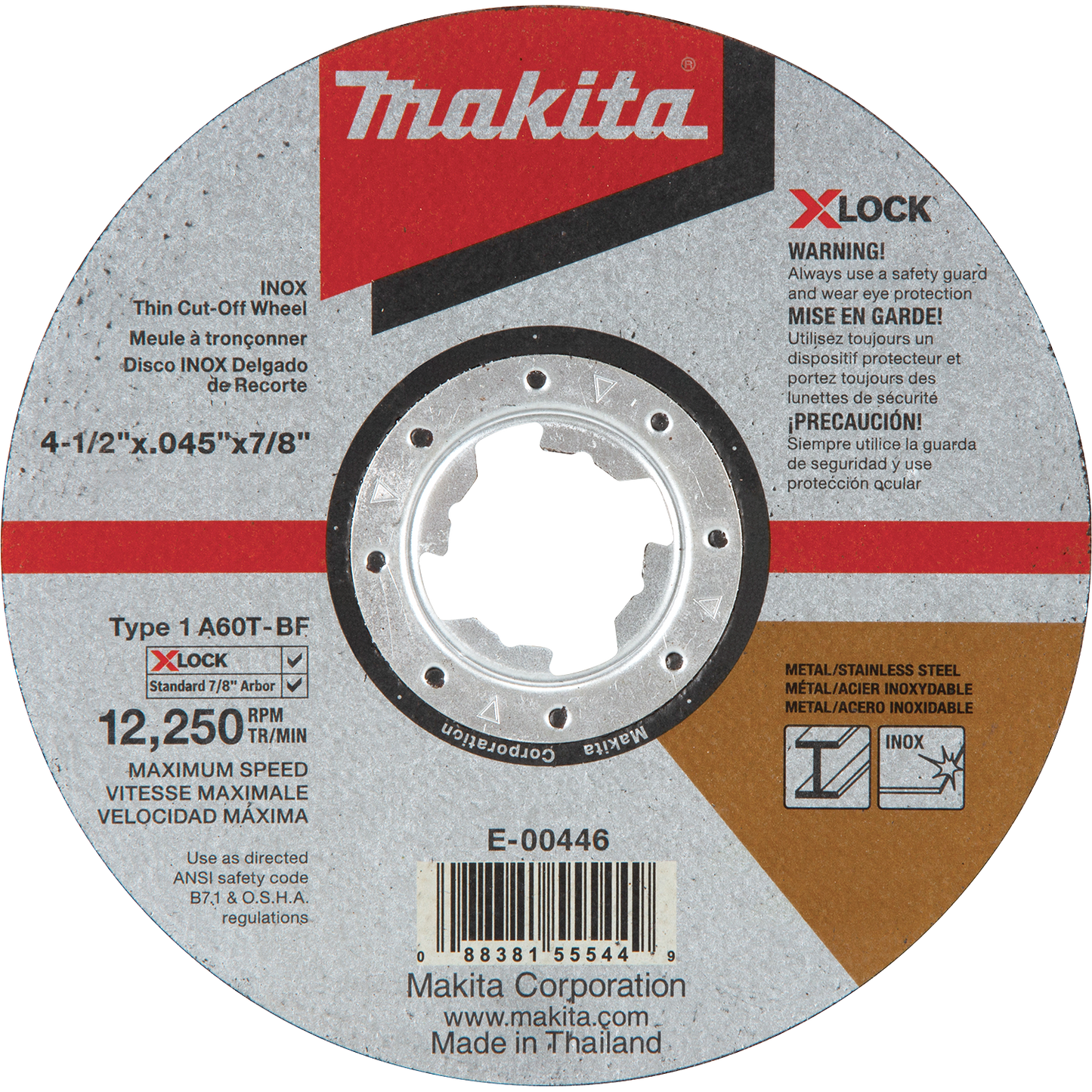 Makita E-00446 X‘LOCK 4‘1/2" x .045" x 7/8" Type 1 General Purpose 60 Grit Thin Cut‘Off Wheel for Metal and Stainless Steel Cutting