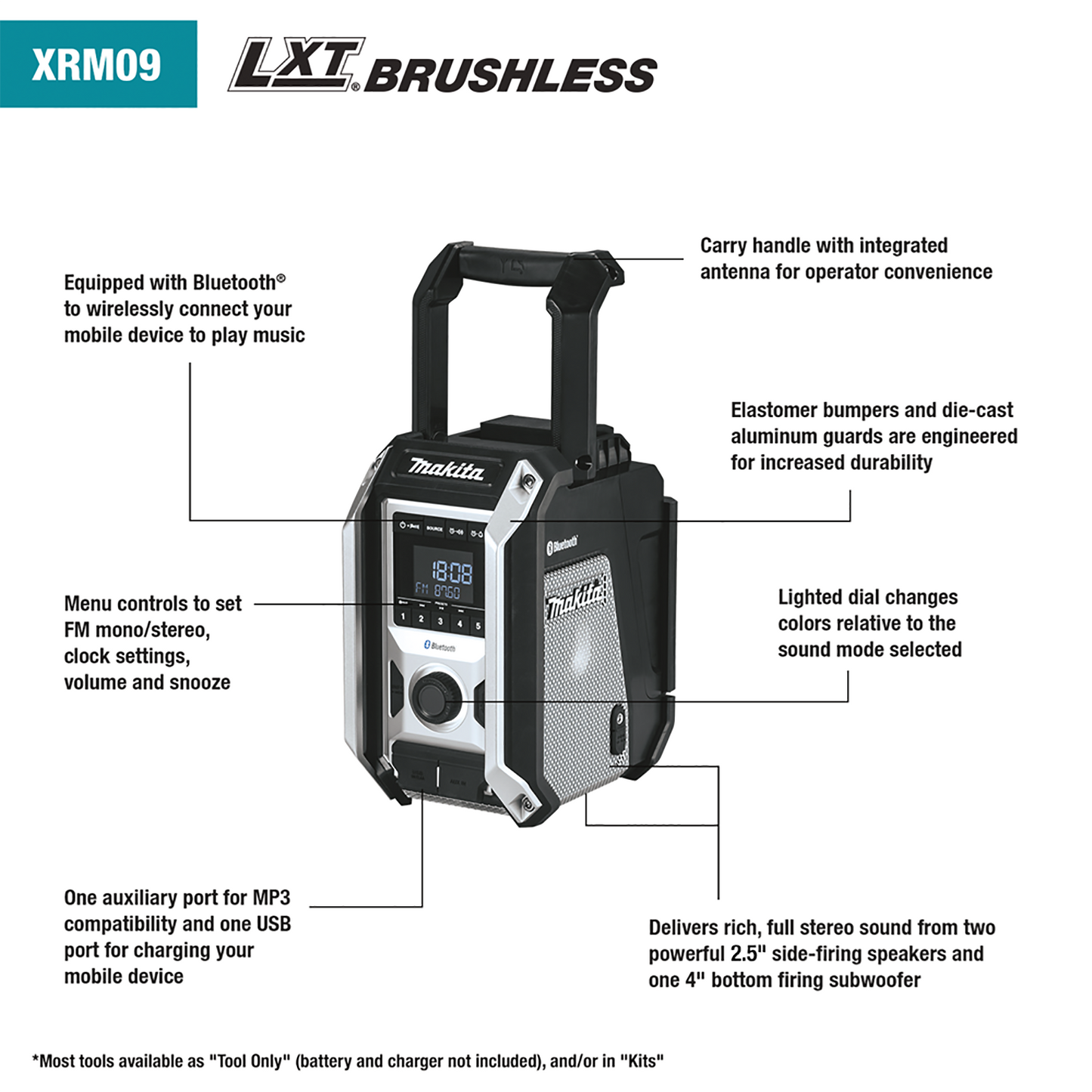 Makita XRM09B 18V LXT® / 12V max CXT® Lithium‘Ion Cordless/Corded Bluetooth® Job Site Radio, Tool Only