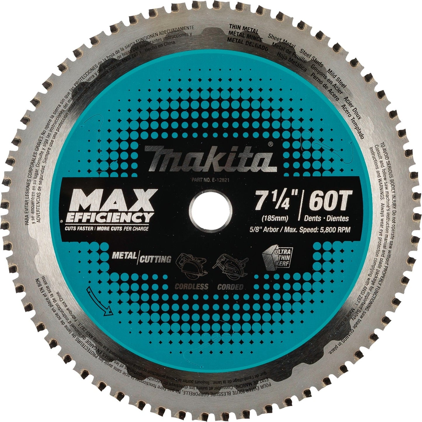 Makita E-12821 7‘1/4" 60T Carbide‘Tipped Max Efficiency Saw Blade, Metal/Stainless Steel