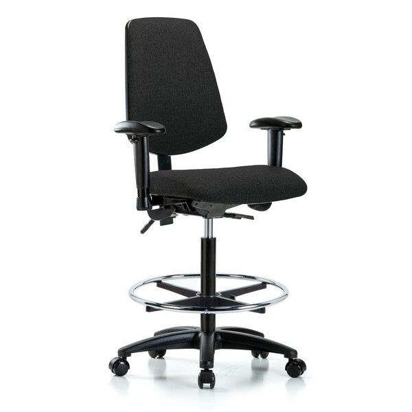 Blue Ridge Ergonomics FHBCH-MB-RG-T1-A1-CF-RC-F42 Rutledge Fabric Chair - High Bench Height with Medium Back, Seat Tilt, Adjustable Arms, Chrome Foot Ring, & Casters in Black Fabric