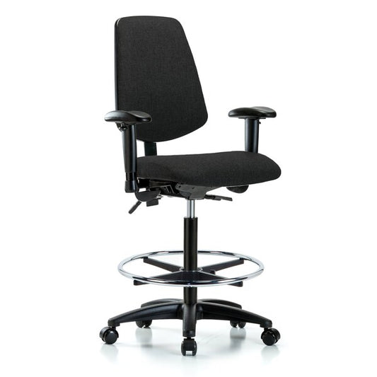 Blue Ridge Ergonomics FHBCH-MB-RG-T1-A1-CF-RC-F42 Rutledge Fabric Chair - High Bench Height with Medium Back, Seat Tilt, Adjustable Arms, Chrome Foot Ring, & Casters in Black Fabric