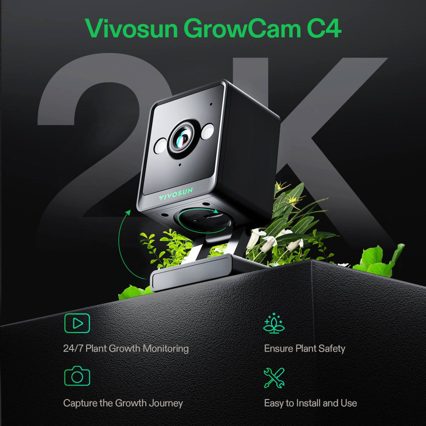 Vivosun GrowCam C4, 2K QHD WiFi Smart Camera for Grow Tent & VGrow Smart Grow Box, Timelapse, Night Vision, SD Card Storage, 2-Way Audio, App Control