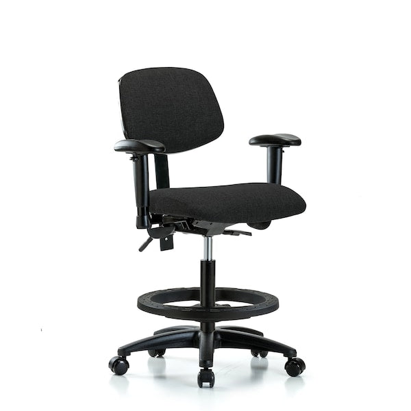 Blue Ridge Ergonomics FMBCH-RG-T0-A1-BF-RC-F42 Rutledge Fabric Chair - Medium Bench Height with Adjustable Arms, Black Foot Ring, & Casters in Black Fabric
