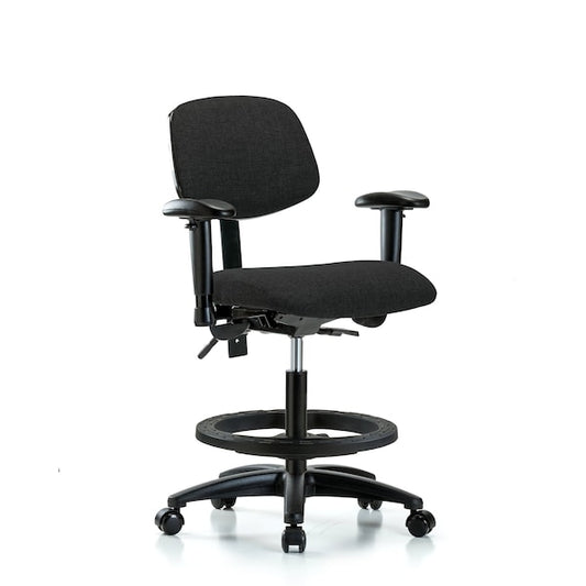 Blue Ridge Ergonomics FMBCH-RG-T0-A1-BF-RC-F42 Rutledge Fabric Chair - Medium Bench Height with Adjustable Arms, Black Foot Ring, & Casters in Black Fabric