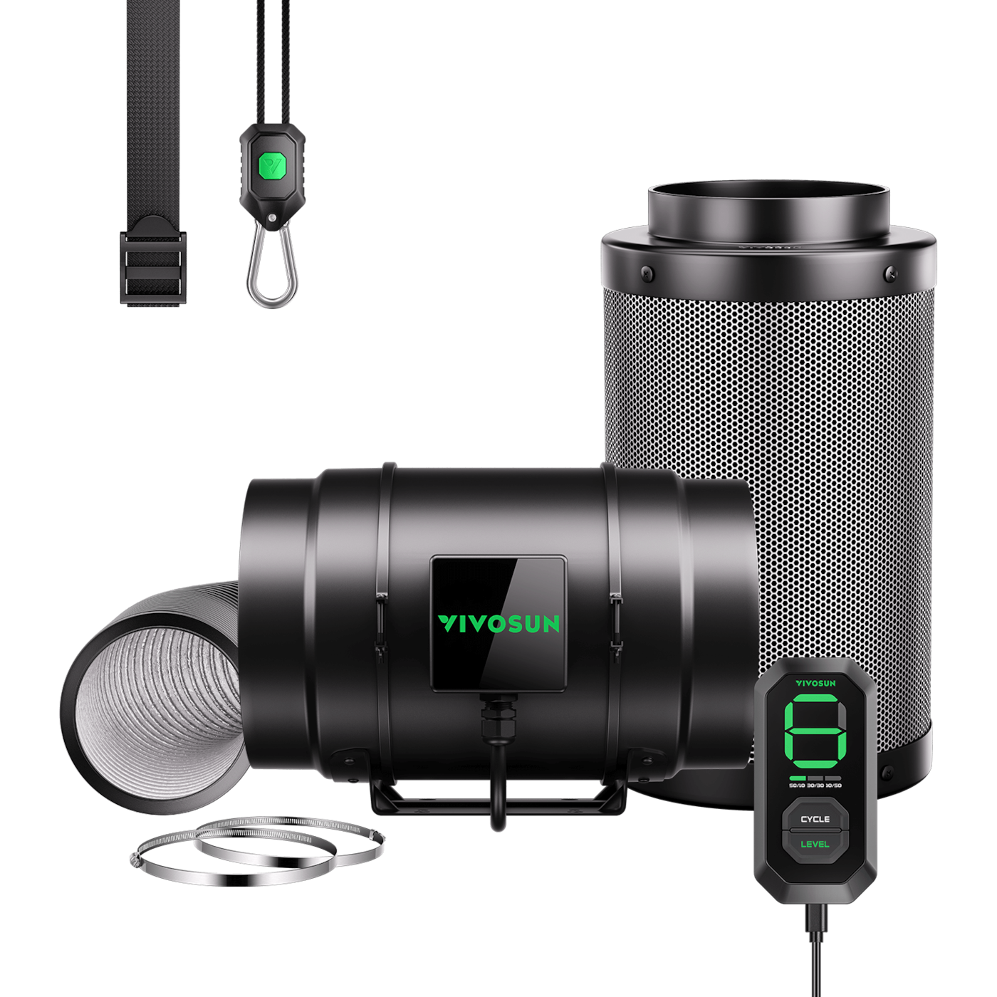 Vivosun Smart Air Filtration Kit 8', AeroZesh G8 Inline Fan with E12 Speed Controller, Carbon Filter & Ducting Combo