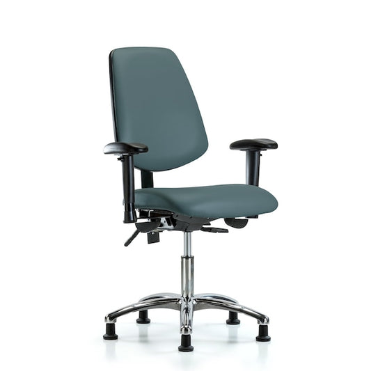 Blue Ridge Ergonomics VDHCH-MB-CR-T1-A1-RG-8546 Rutledge Vinyl Chair Chrome - Desk Height with Medium Back, Seat Tilt, Adjustable Arms, & Stationary Glides in Colonial Blue Trailblazer™ Vinyl