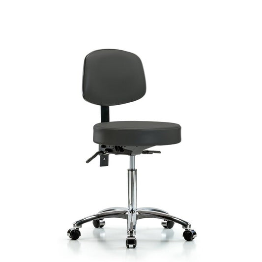 Blue Ridge Ergonomics VMBST-CR-T1-NF-CC-8605 Rutledge Vinyl Stool with Back Chrome - Medium Bench Height with Seat Tilt & Casters in Charcoal Trailblazer™ Vinyl