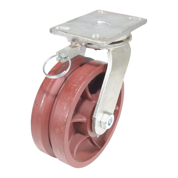 Vestil CST-CI-VG-8X3-S-4L Ductile Steel V-Groove Swivel With 4-Position Lock Caster 8 In. Diameter x 3 In. Width Red