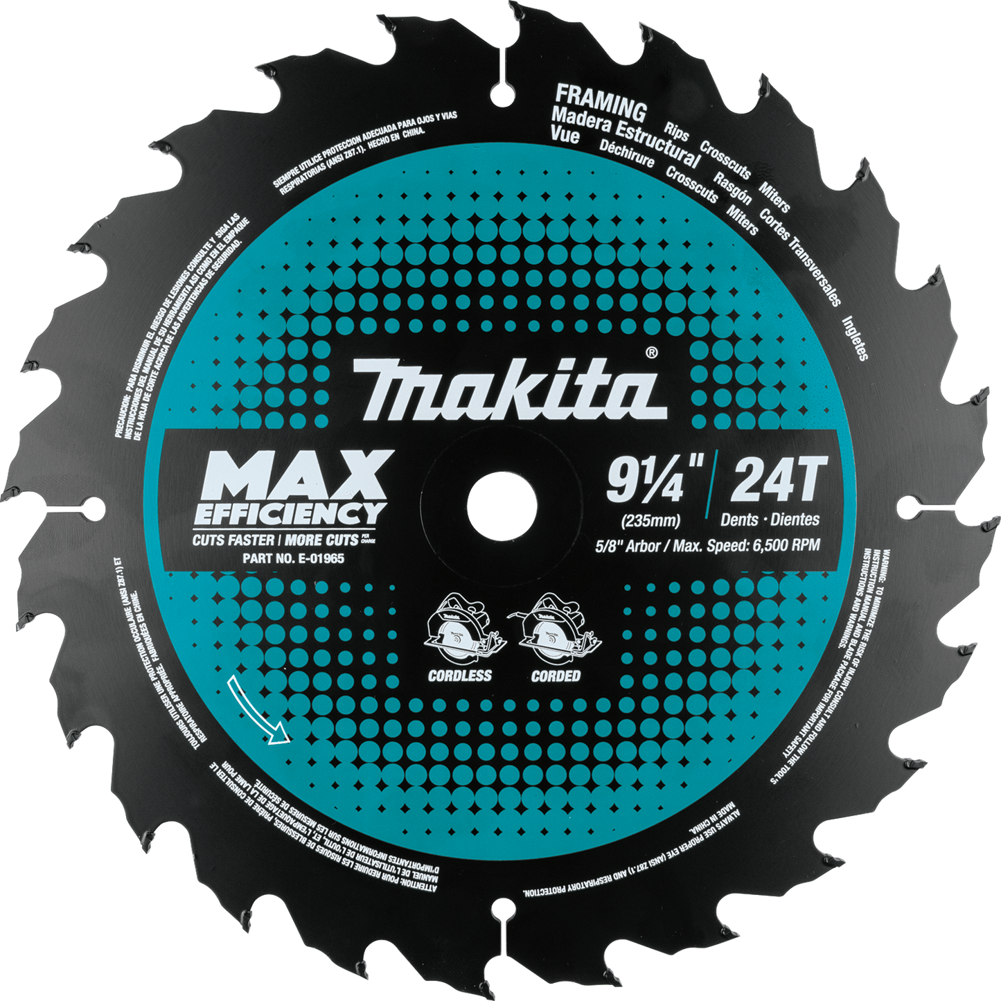 Makita E-01965 9‘1/4" 24T Carbide‘Tipped Max Efficiency Circular Saw Blade, Framing