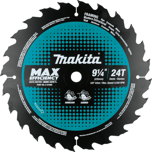 Makita E-01965 9‘1/4" 24T Carbide‘Tipped Max Efficiency Circular Saw Blade, Framing