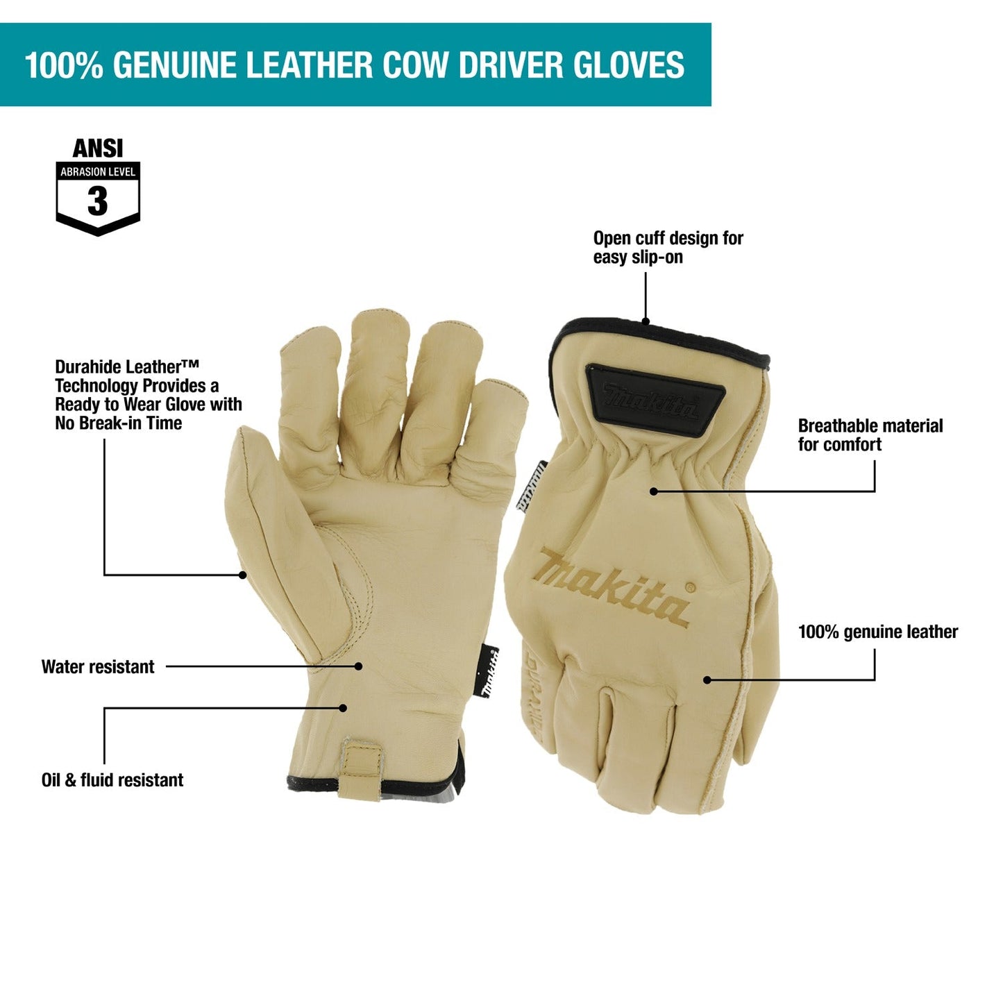 Makita T-04195 100% Genuine Leather Cow Driver Gloves (Large)