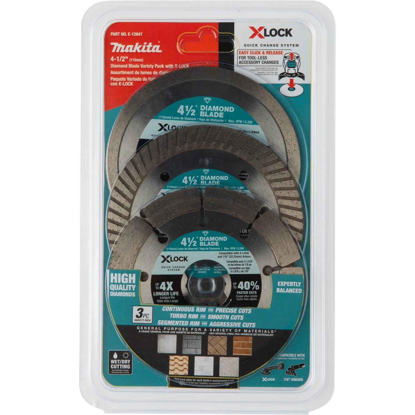 Makita E-12647 X‘LOCK 4‘1/2" Diamond Blade Variety Pack for Masonry Cutting, 3/pc