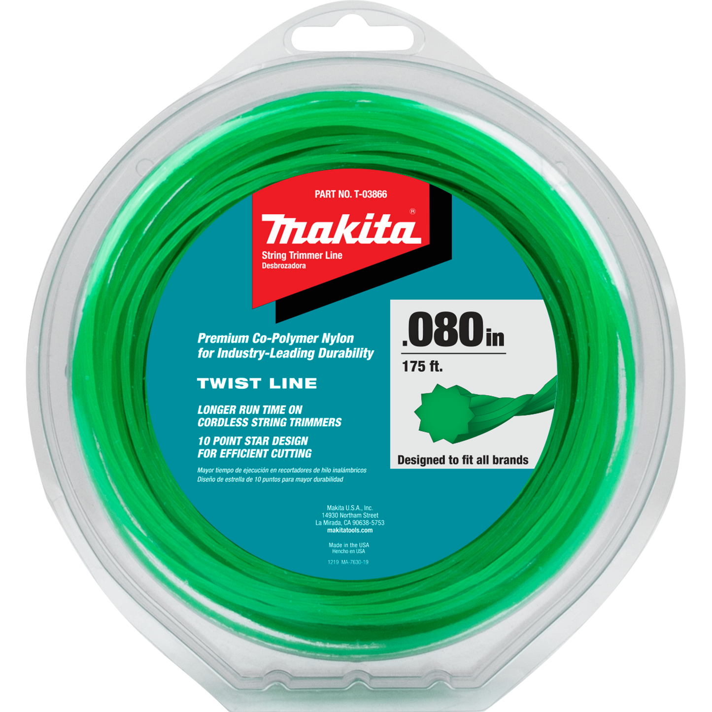 Makita T-03866 Twisted Trimmer Line, 0.080, Green, 175™, 1/2 lbs.