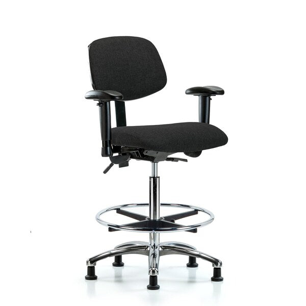 Blue Ridge Ergonomics FHBCH-CR-T1-A1-CF-RG-F42 Rutledge Fabric Chair Chrome - High Bench Height with Seat Tilt, Adjustable Arms, Chrome Foot Ring, & Stationary Glides in Black Fabric
