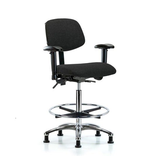 Blue Ridge Ergonomics FHBCH-CR-T1-A1-CF-RG-F42 Rutledge Fabric Chair Chrome - High Bench Height with Seat Tilt, Adjustable Arms, Chrome Foot Ring, & Stationary Glides in Black Fabric