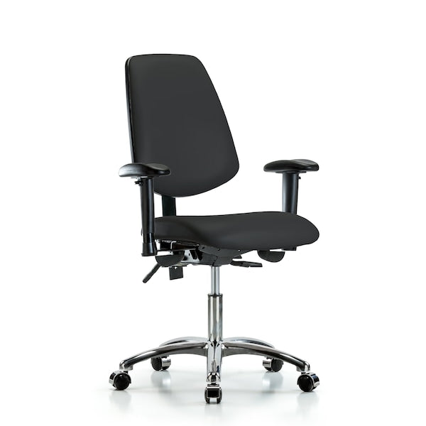 Blue Ridge Ergonomics VDHCH-MB-CR-T1-A1-CC-8540 Rutledge Vinyl Chair Chrome - Desk Height with Medium Back, Seat Tilt, Adjustable Arms, & Casters in Black Trailblazer™ Vinyl