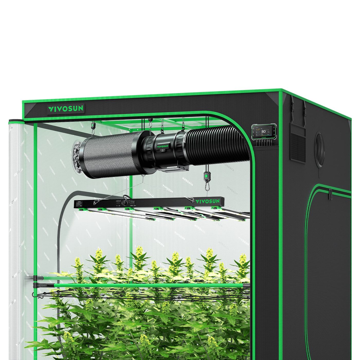 Vivosun Smart Grow Tent Kit GIY-SGS-55FD 5x5, 6-Plant Complete System, with WiFi E42A+ Controller, 650W VSFD6500 LED Grow Light, and 8-inch AeroZesh T8 Ventilation Combo