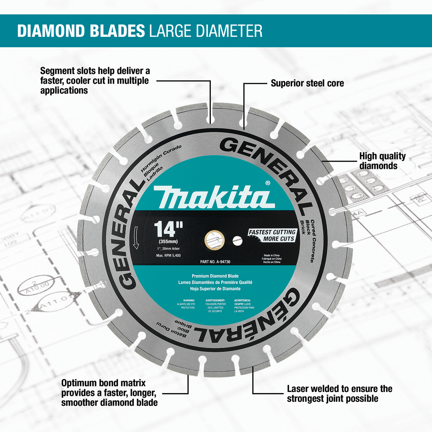 Makita A-94655 14" Diamond Blade, Segmented, Soft Material