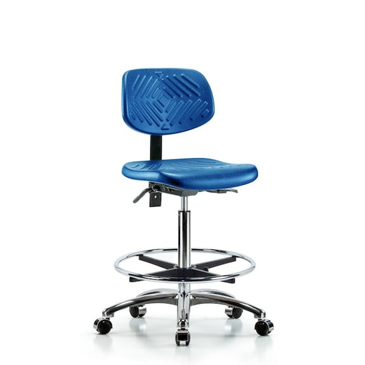 Blue Ridge Ergonomics TPMBCH-RG-A1-CF-RC-BLU Erie Polyurethane Chair - Medium Bench Height with Chrome Foot Ring, Adjustable Arms, & Casters in Blue Polyurethane