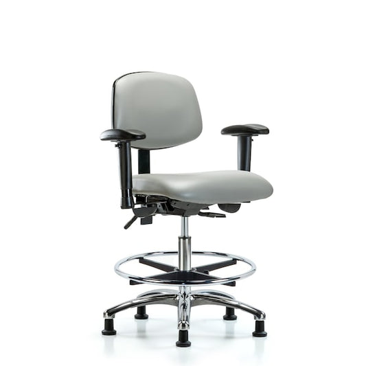 Blue Ridge Ergonomics VMBCH-CR-T1-A1-CF-RG-8567 Rutledge Vinyl Chair Chrome - Medium Bench Height with Seat Tilt, Adjustable Arms, Chrome Foot Ring, & Stationary Glides in Dove Trailblazer™ Vinyl
