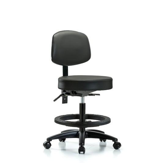 Blue Ridge Ergonomics VMBST-RG-T0-BF-RC-8823 Rutledge Vinyl Stool with Back - Medium Bench Height with Black Foot Ring & Casters in Carbon Supernova™ Vinyl