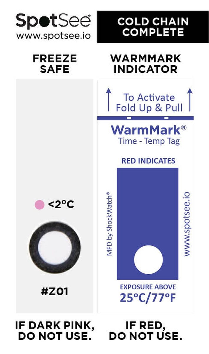 SpotSee 27182 Cold Chain Complete 2 - 25C / 36 - 77F (Freeze Safe / WarmMark - single window)