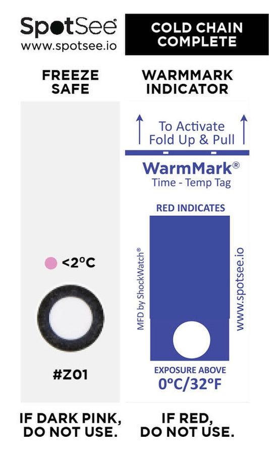 SpotSee 27183 Cold Chain Complete 0 - 8C / 32 - 46F (Freeze Safe / WarmMark) - single window 8 hr