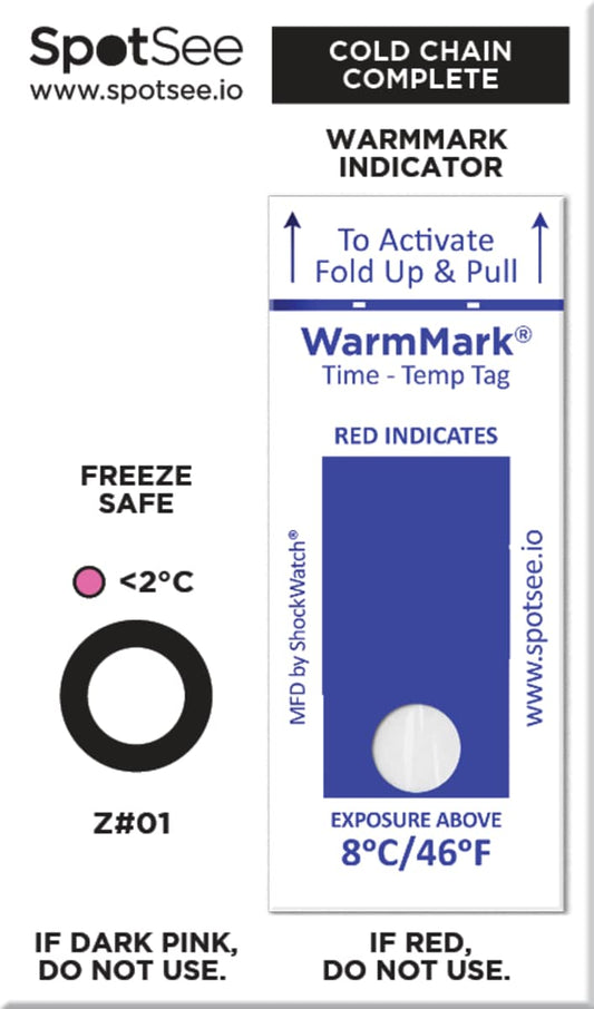 SpotSee 27184 Cold Chain Complete 2 - 8C / 36 - 46F (Freeze Safe / WarmMark) - single window 8 hr