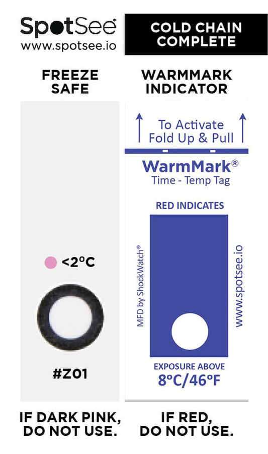 SpotSee 27185 Cold Chain Complete 2 - 8C / 36 - 46F (Freeze Safe / WarmMark) - single window 48 hr