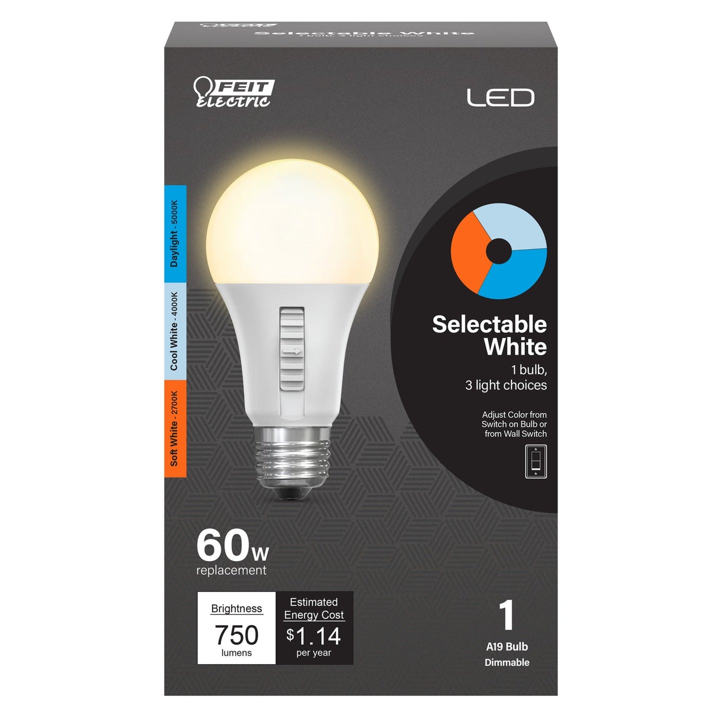 Feit Electric A800/CCT/LEDI 9.5W (60W Replacement) Selectable White E26 Base A19 Dimmable General Purpose LED Bulb