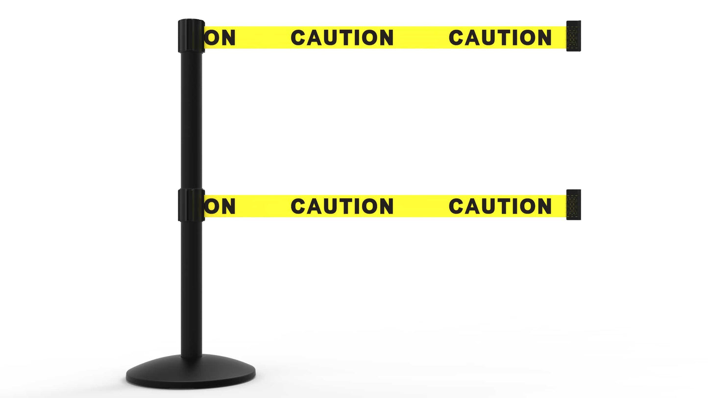 Banner Stakes AL6101B-D QLine Retractable Dual Belt Barrier, Black Post, Yellow "Caution"