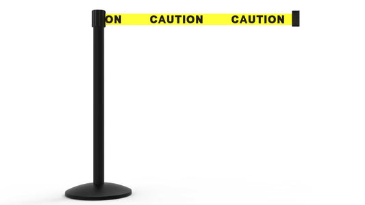 Banner Stakes AL6101B QLine Retractable Belt Barrier, Black Post, Yellow "Caution"