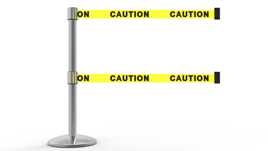 Banner Stakes AL6101C-D QLine Retractable Dual Belt Barrier, Polished Chrome Post, Yellow "Caution"