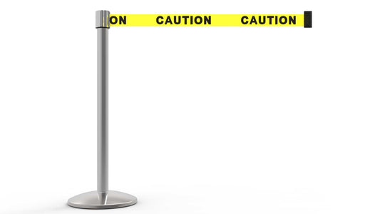 Banner Stakes AL6101C QLine Retractable Belt Barrier, Polished Chrome Post, Yellow "Caution"