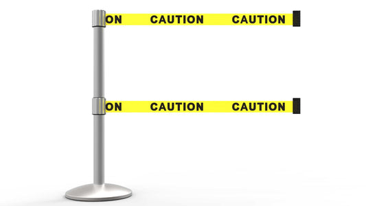 Banner Stakes AL6101M-D QLine Retractable Dual Belt Barrier, Matte Post, Yellow "Caution"