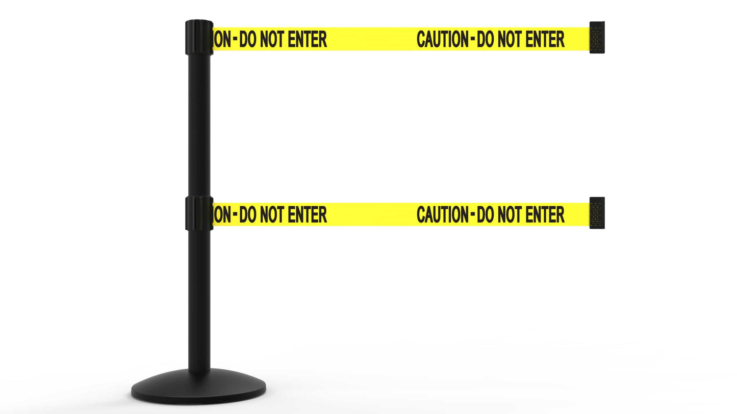 Banner Stakes AL6102B-D QLine Retractable Dual Belt Barrier, Black Post, Yellow "Caution - Do Not Enter"